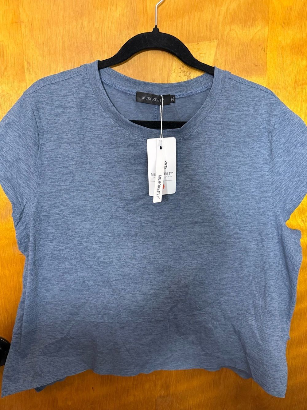 NWT MEROKEETY Blue Cropped Boxy Tee Top Size XL